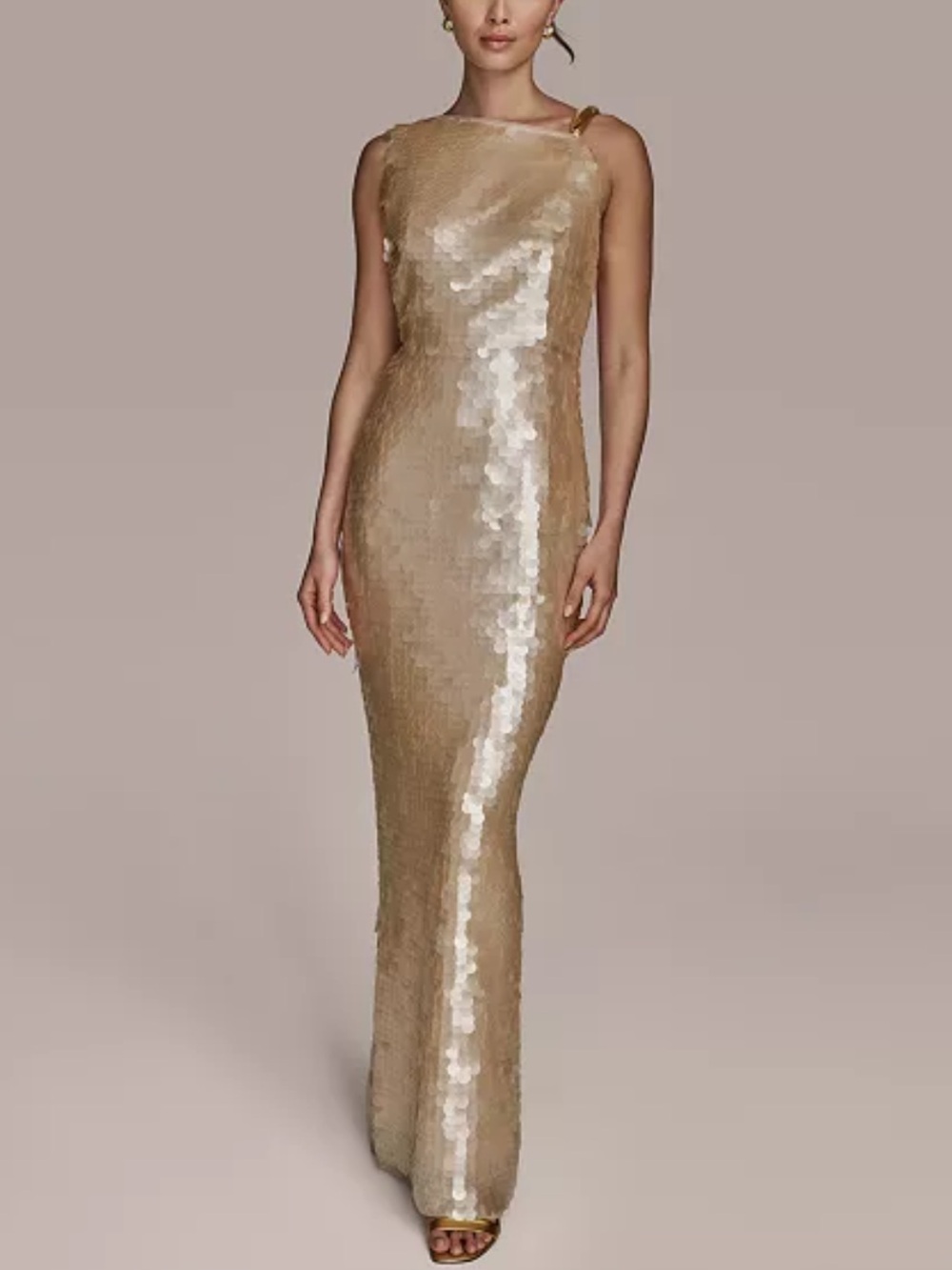 Donna Karan Gold Sequin One-Shoulder Maxi Dress